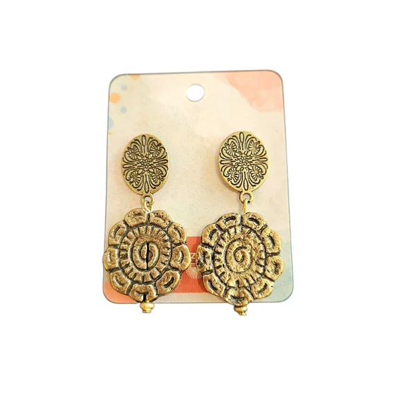 NWT - Unique Gold Tribal Floral Earrings - Picture 2 of 8